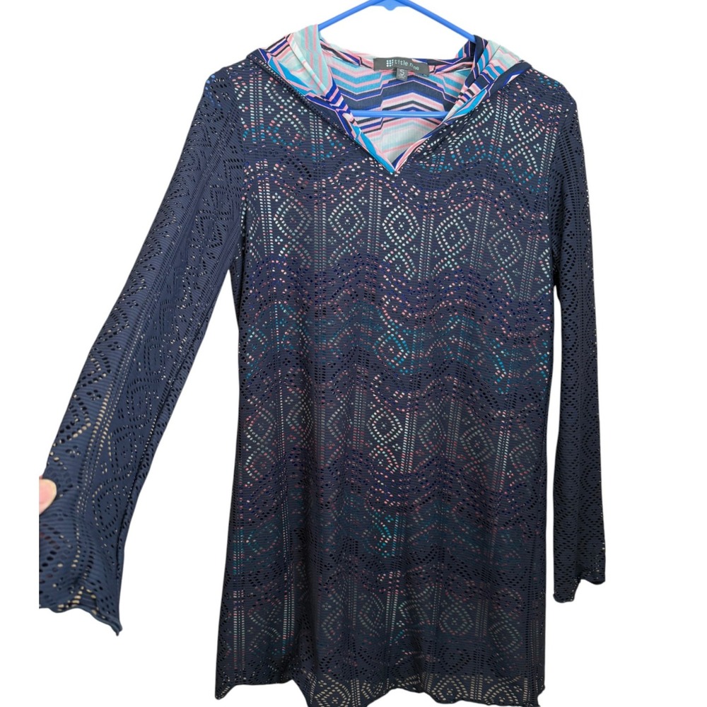 Title Nine Amphib Swim Cover Up S Navy Hooded Mesh Laser Cut Tunic Beach Coastal